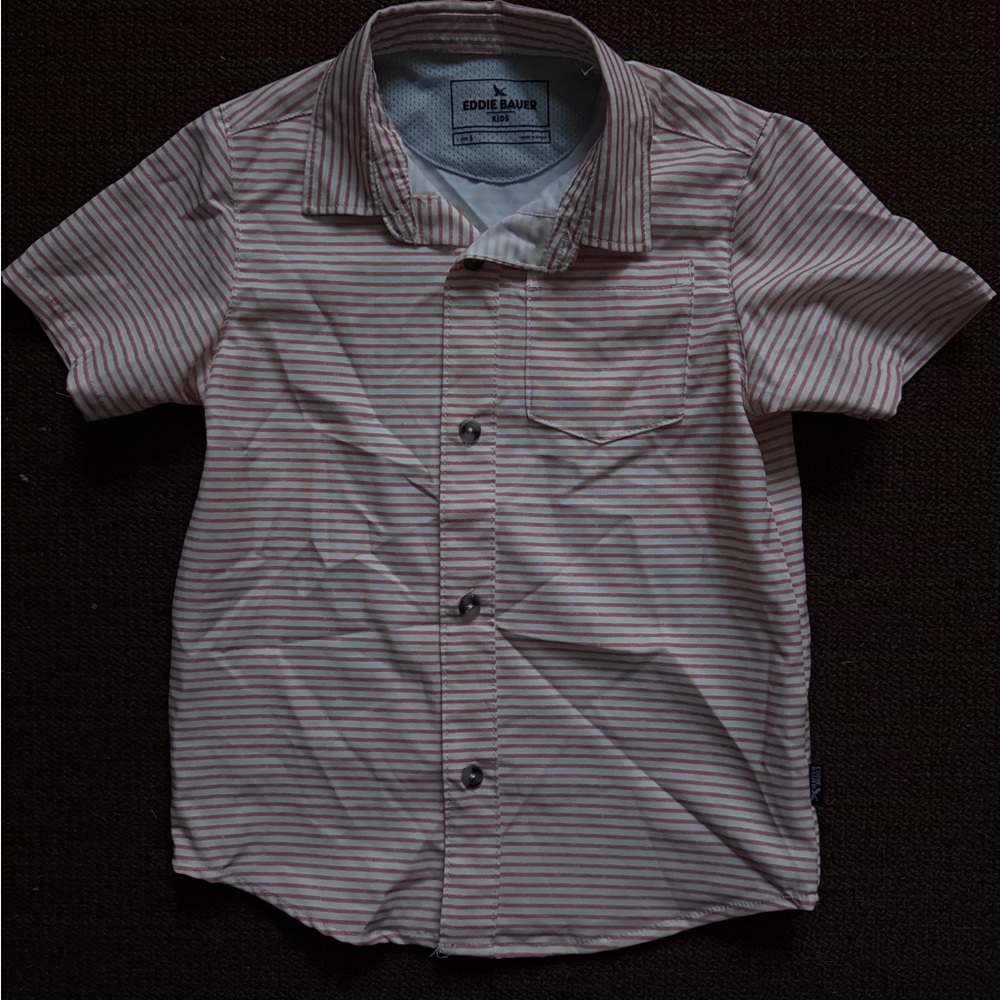 Eddie Bauer Kids Short Sleeve Button-Up Shirt – Pink & White Stripe (Size 5)